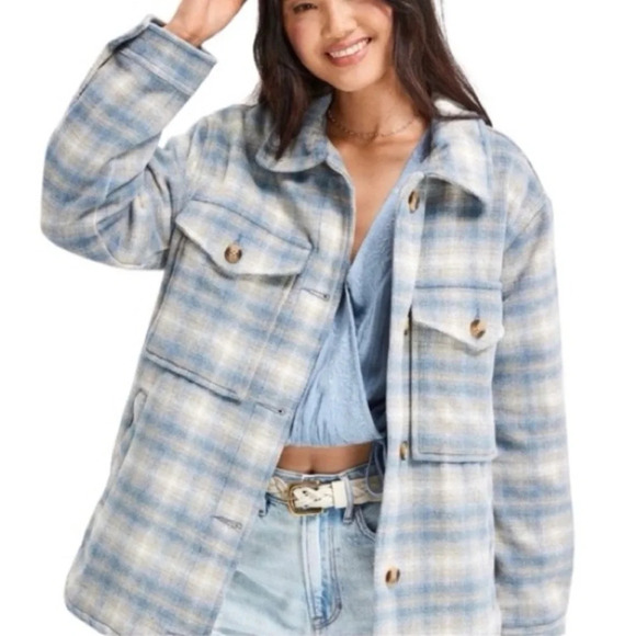 American Eagle Brushed Plaid Shacket Oversized in Grey Blue Cream Size XS - Picture 1 of 16